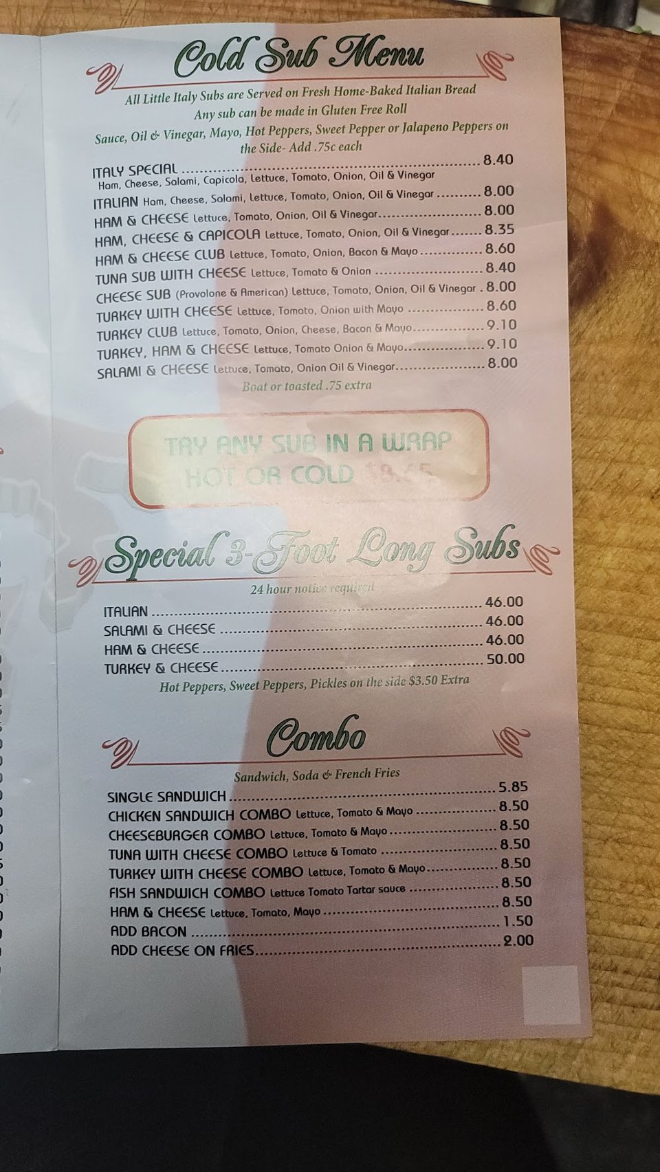 Menu page with pasta and baked specialties.