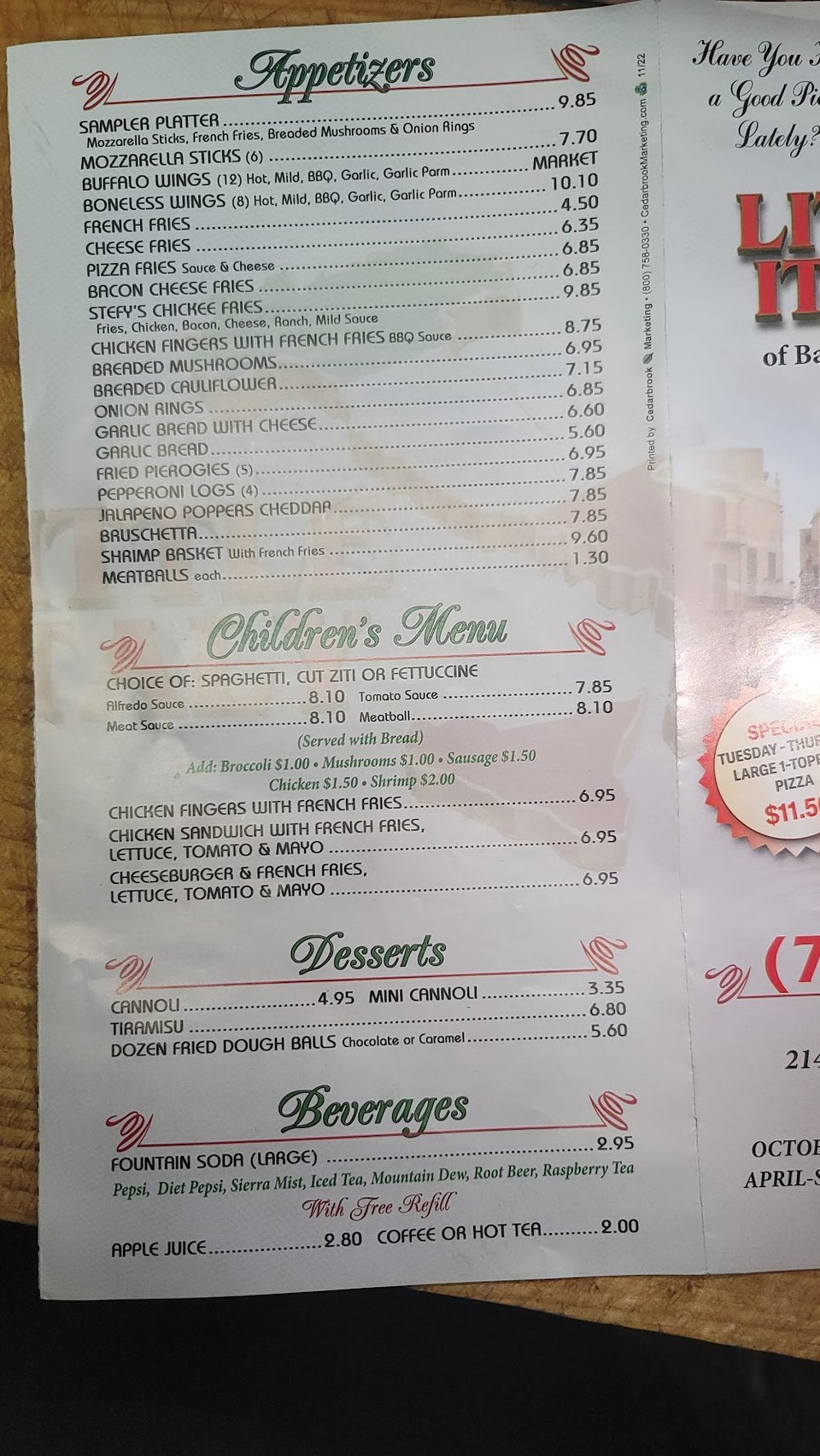 Printed menu showing appetizers and desserts.